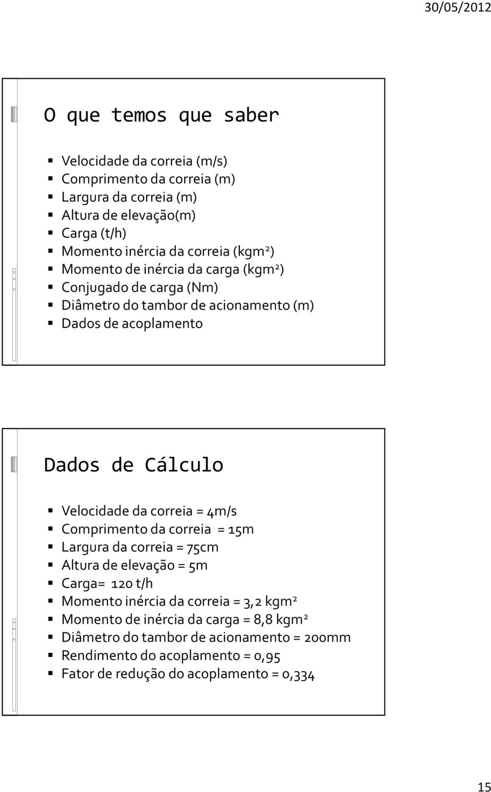 Velocidade da correia = 4m/s Comprimento da correia = 15m Largura da correia = 75cm Altura de elevação = 5m Carga= 120 t/h Momento inércia da correia = 3,2