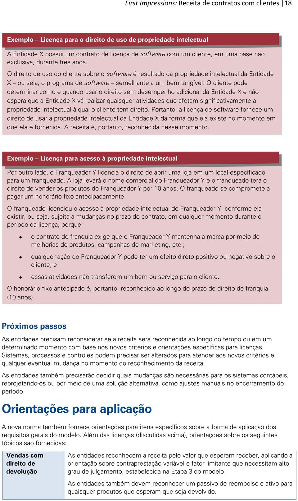 O cliente pode determinar como e quando usar o direito sem desempenho adicional da Entidade X e não espera que a Entidade X vá realizar quaisquer atividades que afetam significativamente a