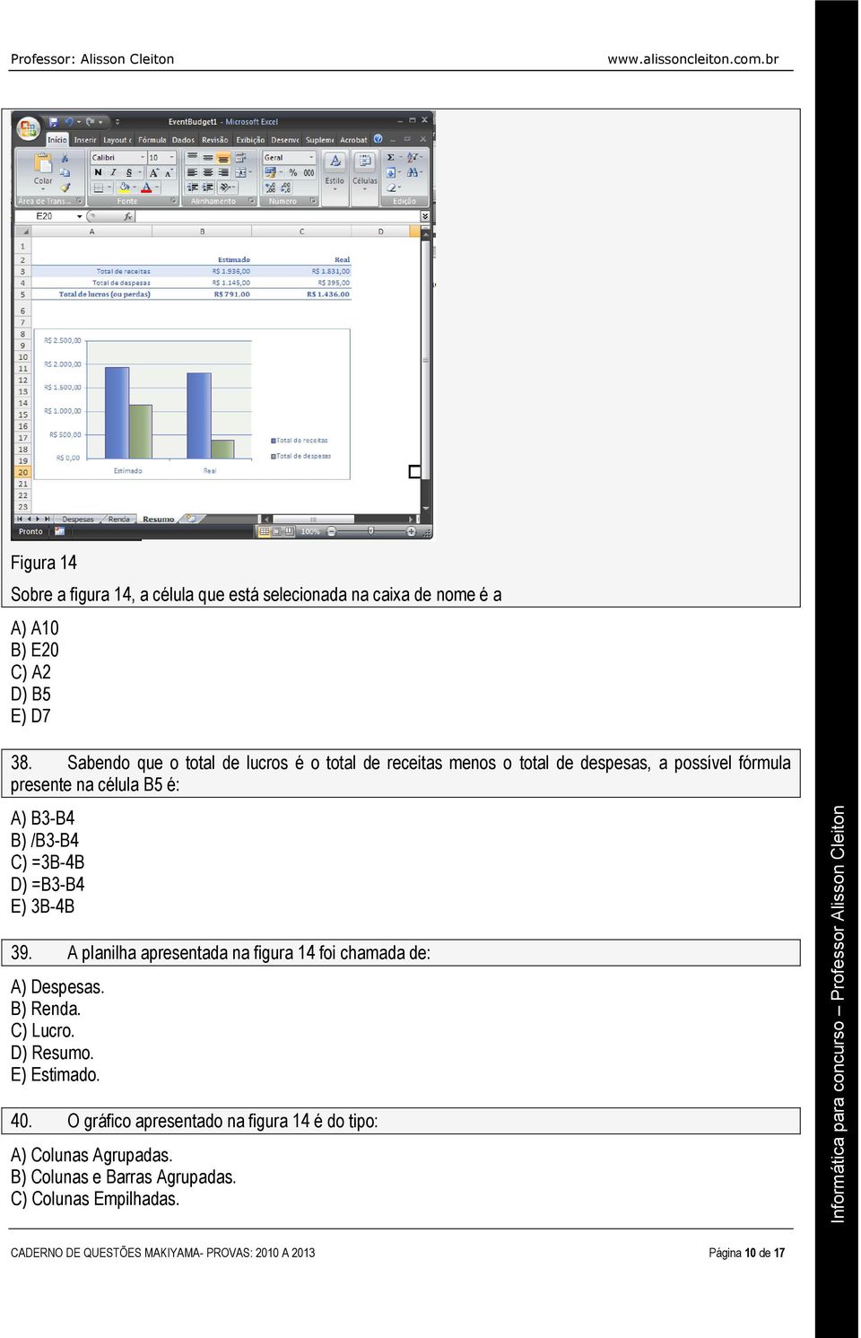 =3B-4B D) =B3-B4 E) 3B-4B 39. A planilha apresentada na figura 14 foi chamada de: A) Despesas. B) Renda. C) Lucro. D) Resumo. E) Estimado. 40.