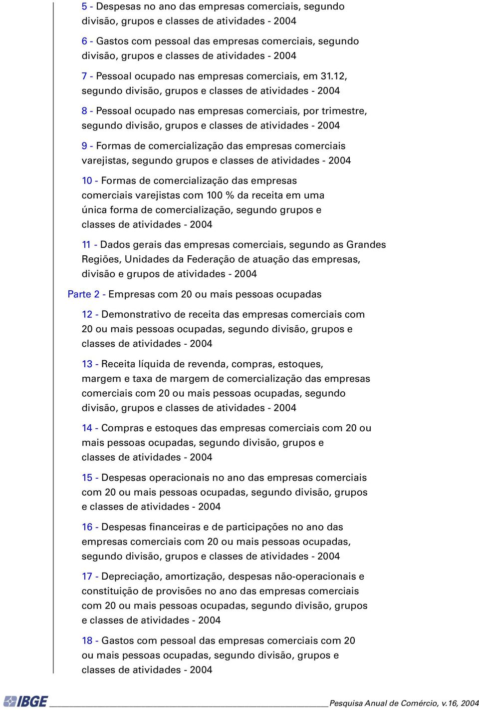 12, sgundo divisão, grupos classs d atividads - 2004 8 - Pssoal ocupado nas mprsas comrciais, por trimstr, sgundo divisão, grupos classs d atividads - 2004 9 - Formas d comrcialização das mprsas