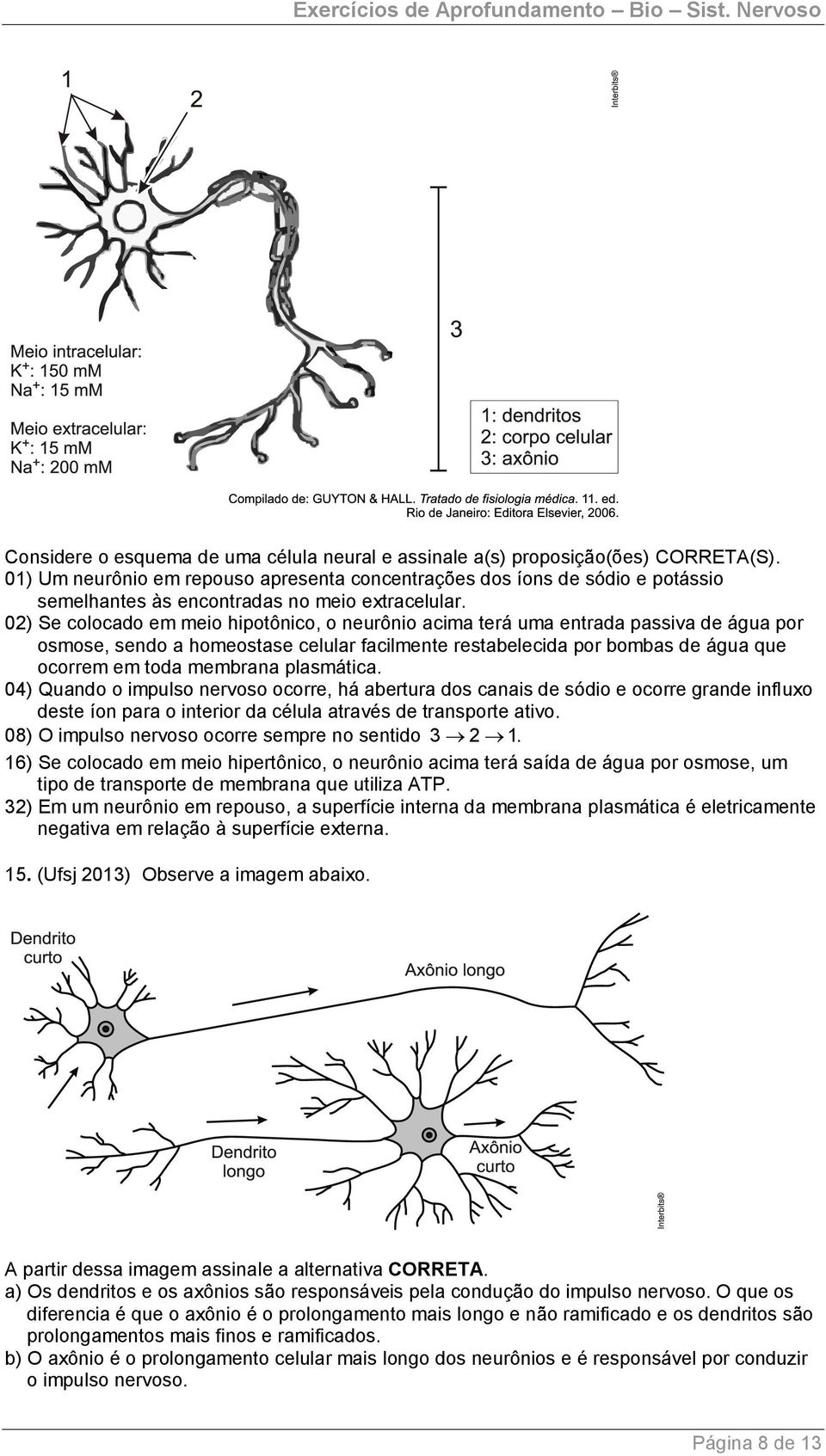 02) Se colocado em meio hipotônico, o neurônio acima terá uma entrada passiva de água por osmose, sendo a homeostase celular facilmente restabelecida por bombas de água que ocorrem em toda membrana