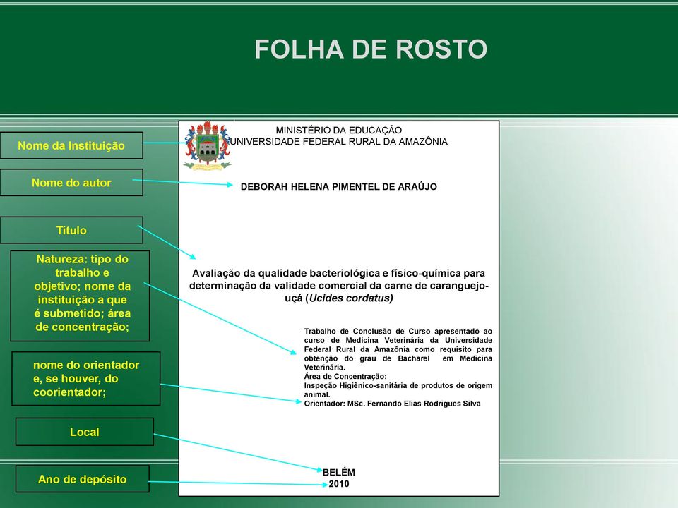 da carne de caranguejouçá (Ucides cordatus) Trabalho de Conclusão de Curso apresentado ao curso de Medicina Veterinária da Universidade Federal Rural da Amazônia como requisito para obtenção do grau