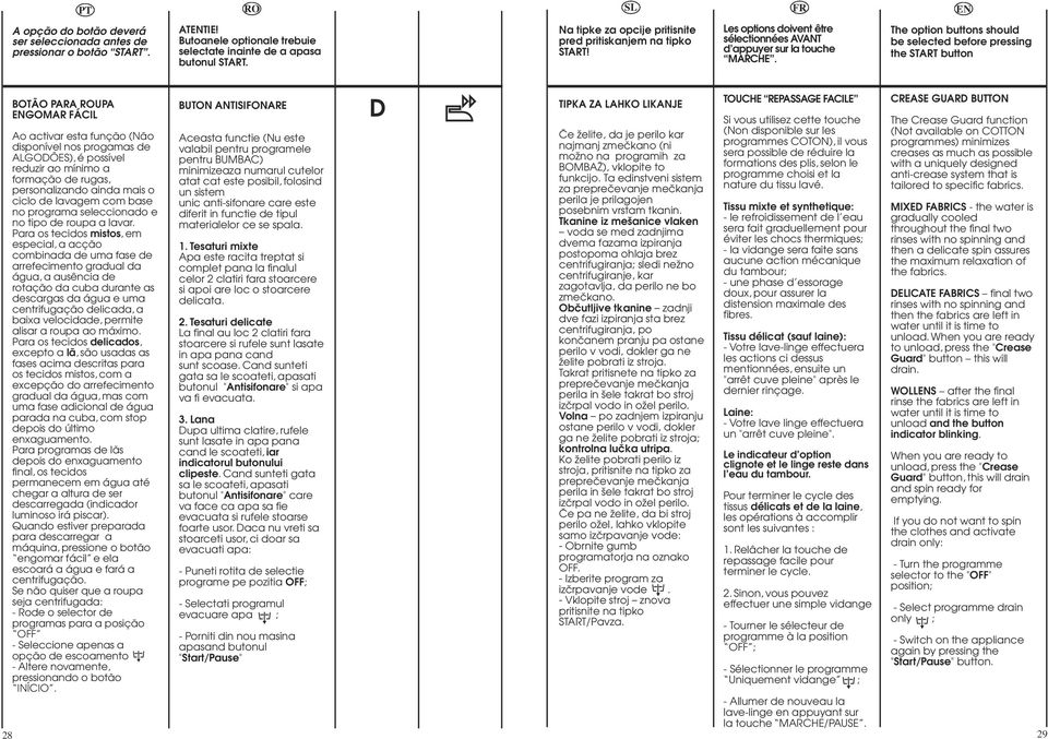 The option buttons should be selected before pressing the START button 8 BOTÃO PARA UPA GOMAR FÁCIL Ao activar esta função (Não disponível nos progamas de ALGODÕES), é possível reduzir ao mínimo a