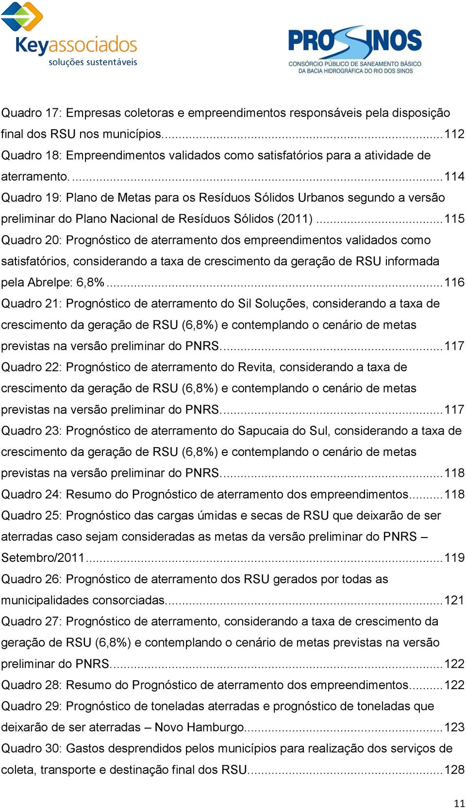 .. 115 Quadro 20: Prognóstico de aterramento dos empreendimentos validados como satisfatórios, considerando a taxa de crescimento da geração de RSU informada pela Abrelpe: 6,8%.