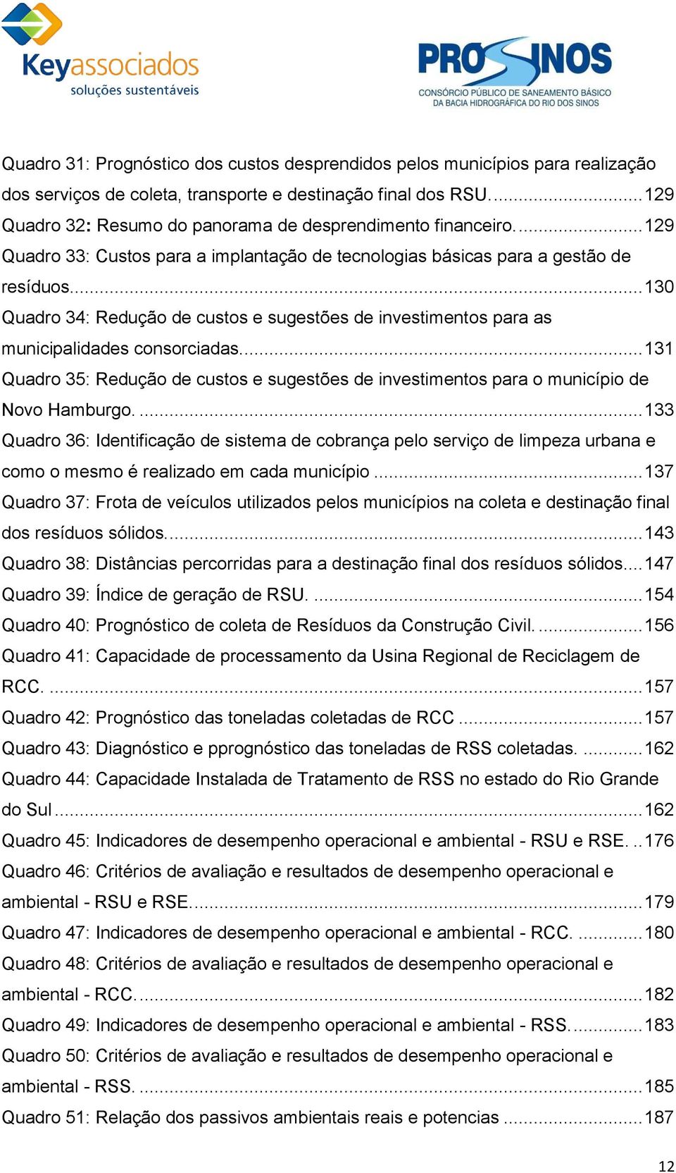 .. 130 Quadro 34: Redução de custos e sugestões de investimentos para as municipalidades consorciadas.... 131 Quadro 35: Redução de custos e sugestões de investimentos para o município de Novo Hamburgo.