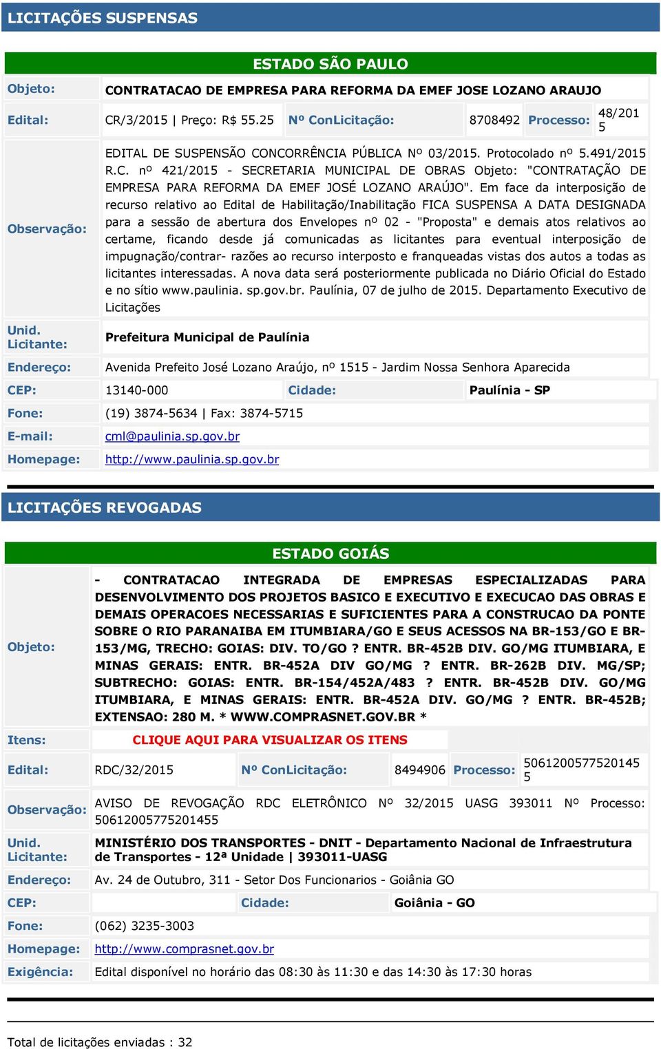 Em face da interposição de recurso relativo ao Edital de Habilitação/Inabilitação FICA SUSPENSA A DATA DESIGNADA para a sessão de abertura dos Envelopes nº 02 - "Proposta" e demais atos relativos ao