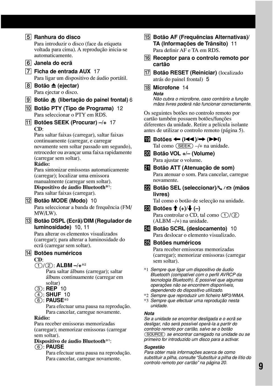 I Botão (libertação do painel frontal) 6 J Botão PTY (Tipo de Programa) 12 Para seleccionar o PTY em RDS.