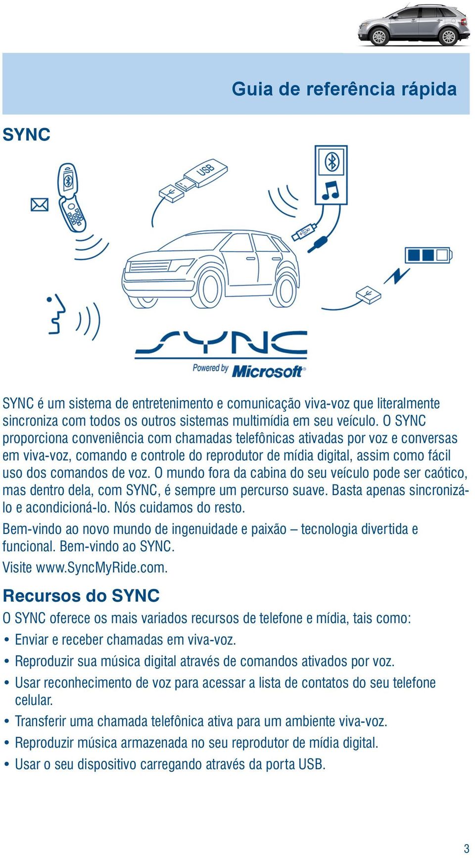 O mundo fora da cabina do seu veículo pode ser caótico, mas dentro dela, com SYNC, é sempre um percurso suave. Basta apenas sincronizálo e acondicioná-lo. Nós cuidamos do resto.