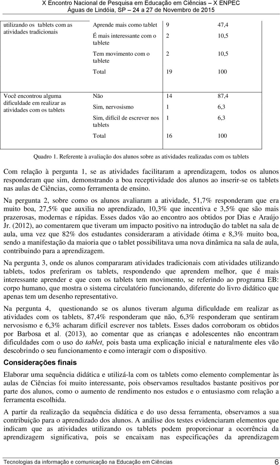 Referente à avaliação dos alunos sobre as atividades realizadas com os tablets Com relação à pergunta 1, se as atividades facilitaram a aprendizagem, todos os alunos responderam que sim, demonstrando