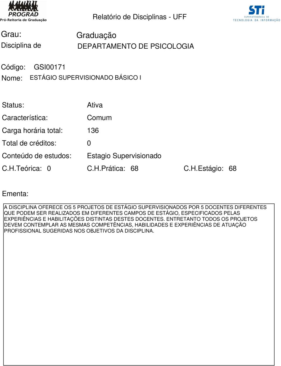 Prática: 68 68 A DISCIPLINA OFERECE OS 5 PROJETOS DE ESTÁGIO SUPERVISIONADOS POR 5 DOCENTES DIFERENTES QUE PODEM SER