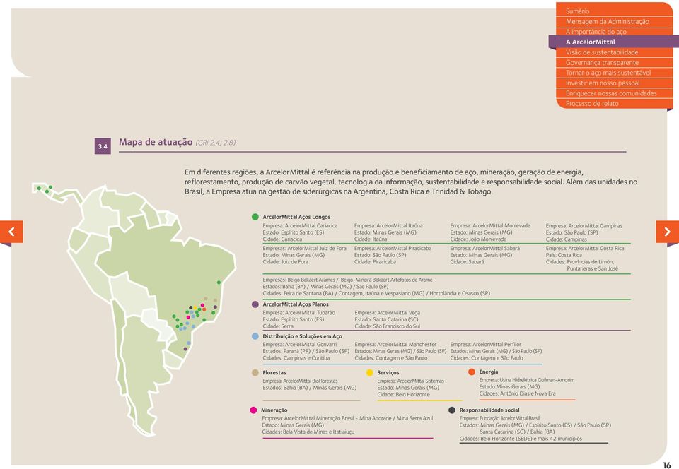 sustentabilidade e responsabilidade social. Além das unidades no Brasil, a Empresa atua na gestão de siderúrgicas na Argentina, Costa Rica e Trinidad & Tobago.