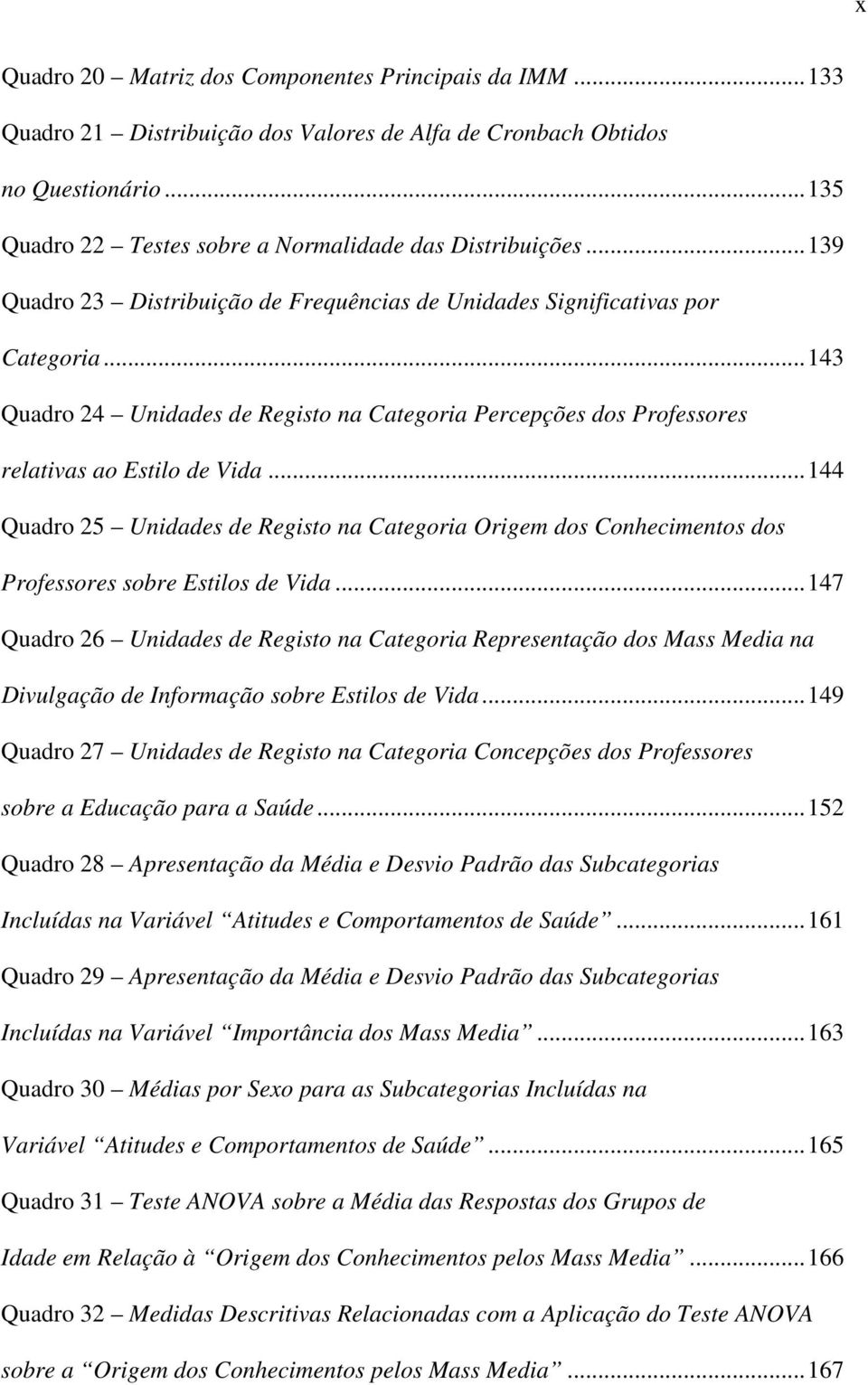 ..144 Quadro 25 Unidades de Registo na Categoria Origem dos Conhecimentos dos Professores sobre Estilos de Vida.