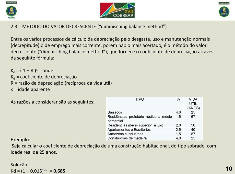 coeficiente de depreciação R = razão de depreciação (recíproca da vida útil) x = idade aparente As razões a considerar são as seguintes: TIPO % VIDA ÚTIL (ANOS) Barracos 4,0 25 Residências proletário