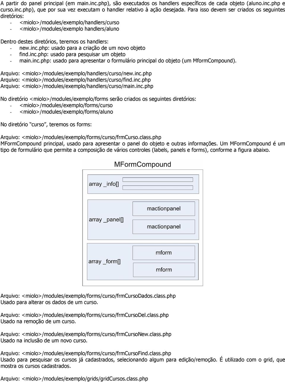 php: usado para a criação de um novo objeto - find.inc.php: usado para pesquisar um objeto - main.inc.php: usado para apresentar o formulário principal do objeto (um MformCompound).