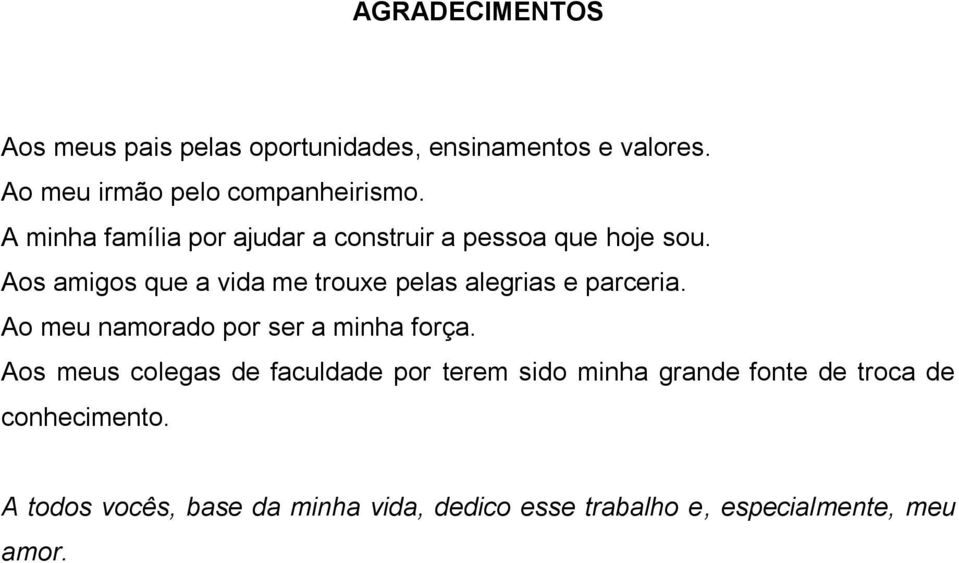 Aos amigos que a vida me trouxe pelas alegrias e parceria. Ao meu namorado por ser a minha força.