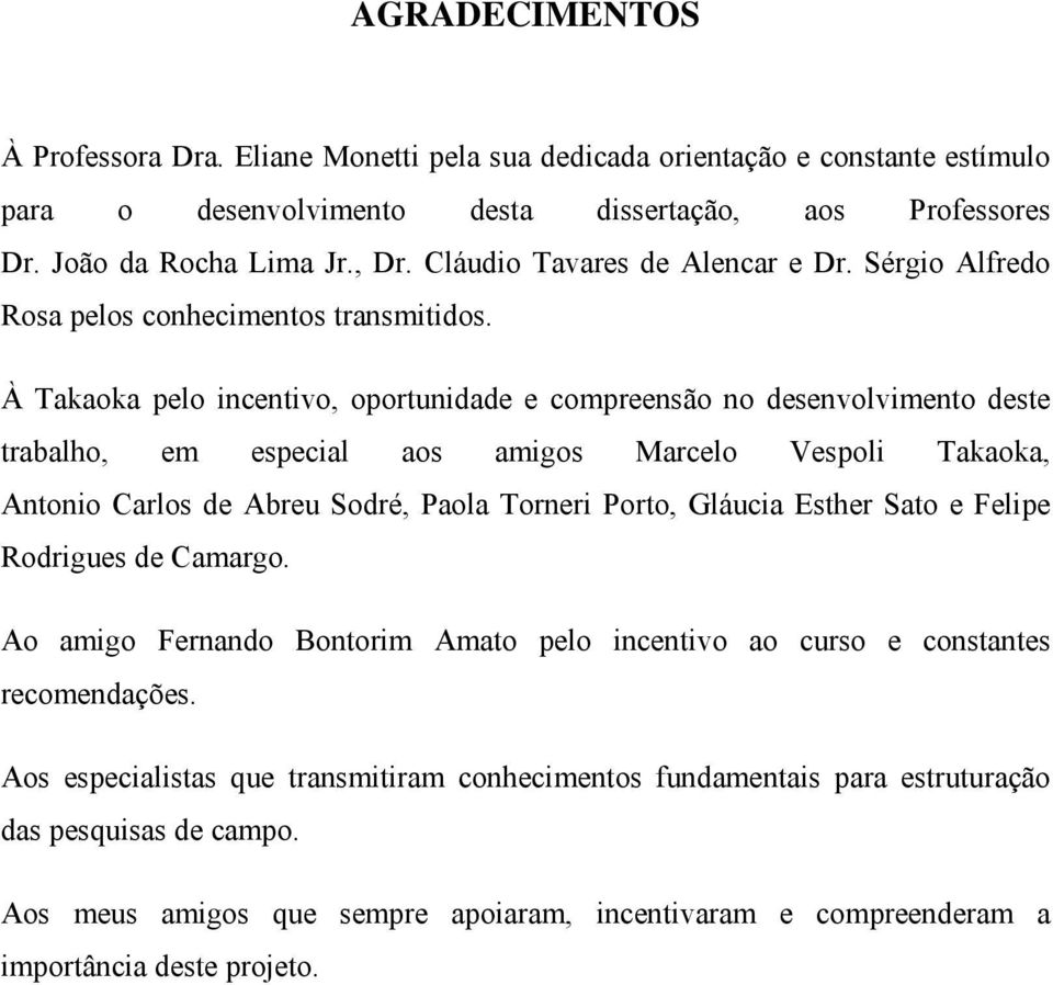 À Takaoka pelo incentivo, oportunidade e compreensão no desenvolvimento deste trabalho, em especial aos amigos Marcelo Vespoli Takaoka, Antonio Carlos de Abreu Sodré, Paola Torneri Porto, Gláucia