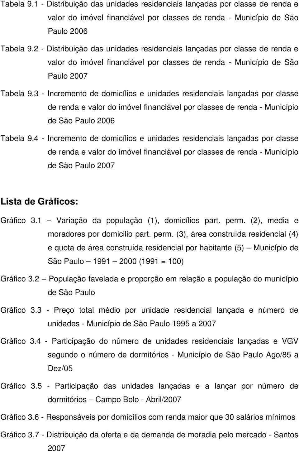 3 - Incremento de domicílios e unidades residenciais lançadas por classe de renda e valor do imóvel financiável por classes de renda - Município de São Paulo 2006 Tabela 9.