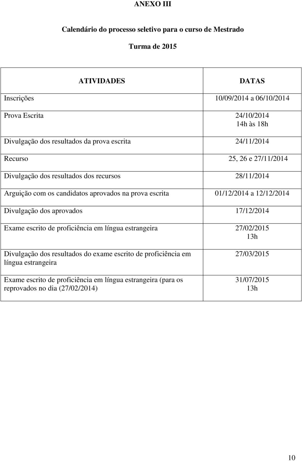 na prova escrita 01/12/2014 a 12/12/2014 Divulgação dos aprovados 17/12/2014 Exame escrito de proficiência em língua estrangeira 27/02/2015 13h Divulgação dos resultados