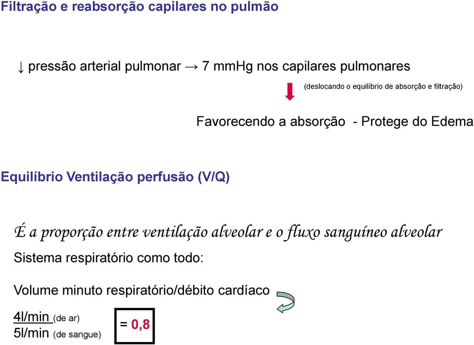 Ventilação perfusão (V/Q) É a proporção entre ventilação alveolar e o fluxo sanguíneo alveolar Sistema