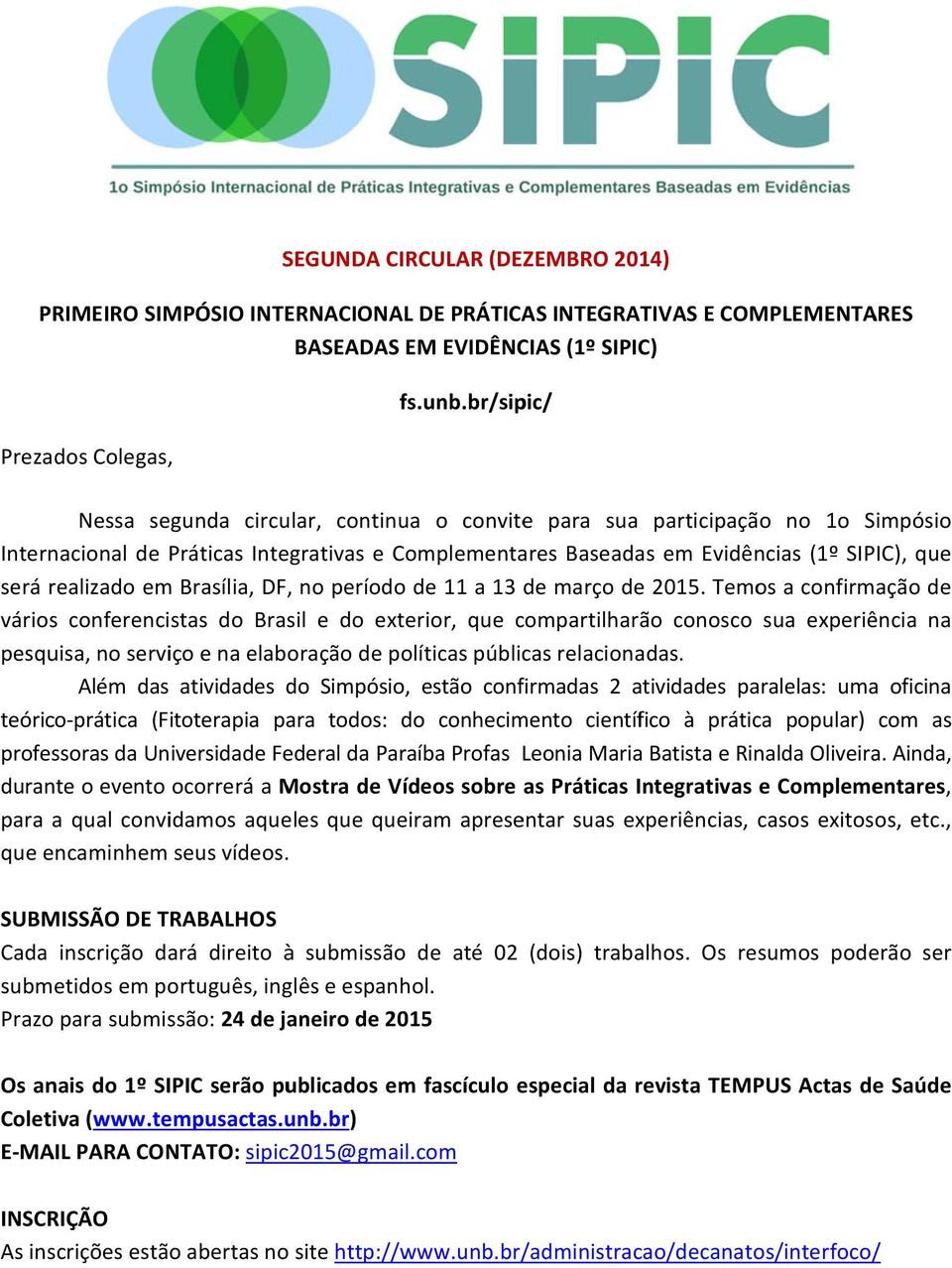 que será realizado em Brasília, DF, no períodoo de 11 a 13 de março de 2015.