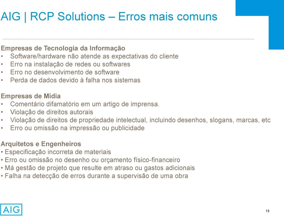 Violação de direitos autorais Violação de direitos de propriedade intelectual, incluindo desenhos, slogans, marcas, etc Erro ou omissão na impressão ou publicidade Arquitetos e