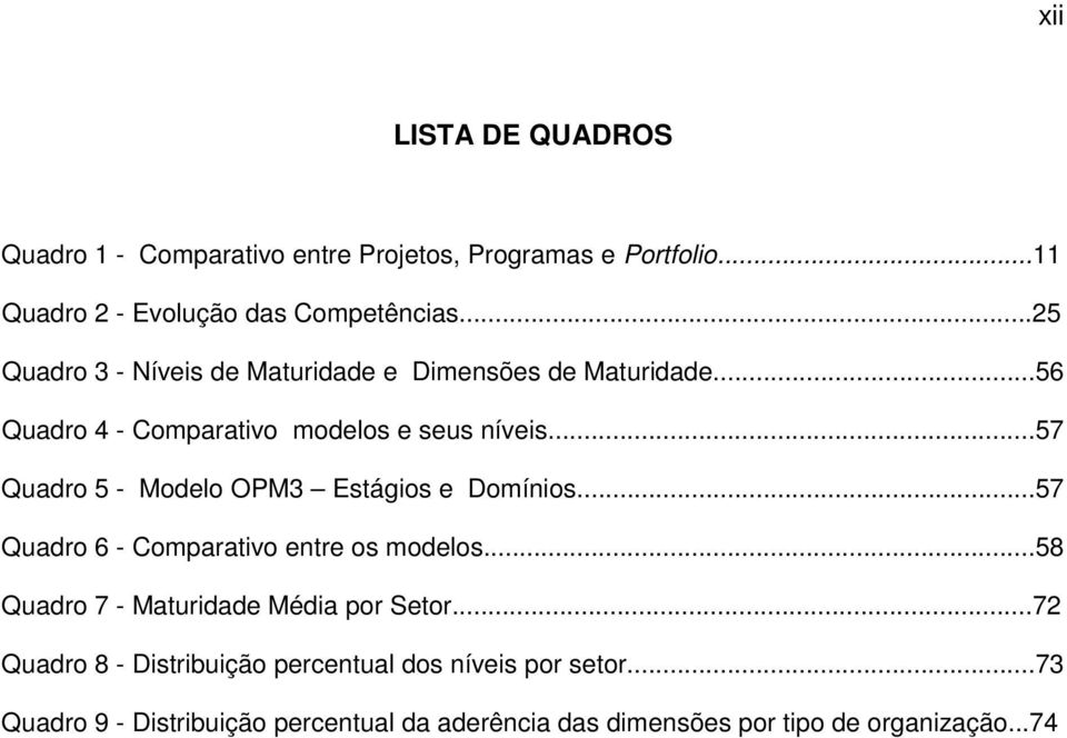 ..57 Quadro 5 - Modelo OPM3 Estágios e Domínios...57 Quadro 6 - Comparativo entre os modelos.