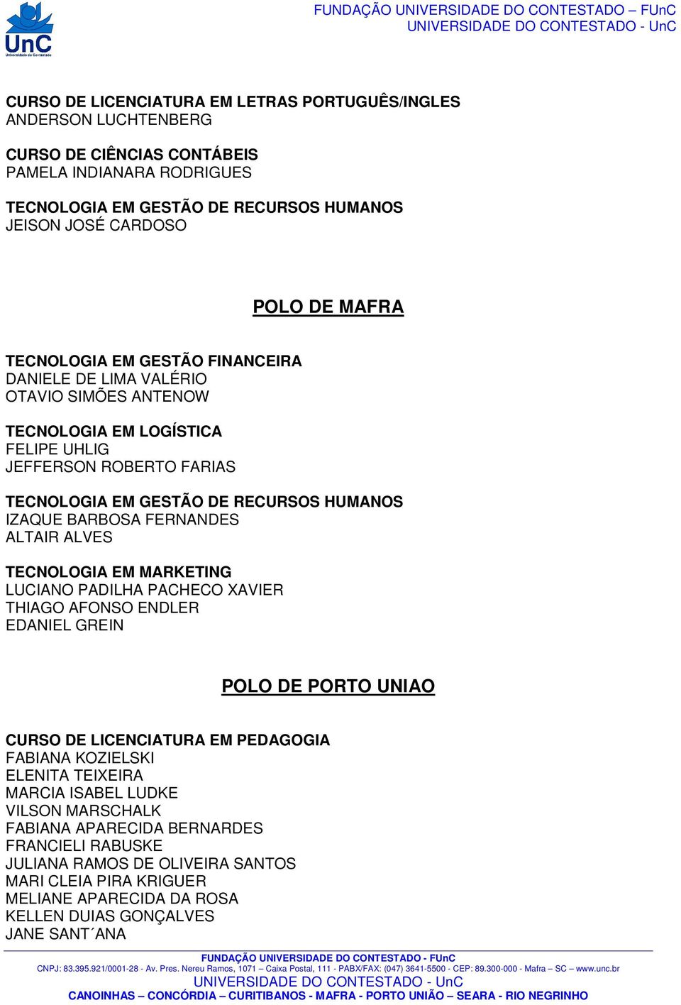 MARKETING LUCIANO PADILHA PACHECO XAVIER THIAGO AFONSO ENDLER EDANIEL GREIN POLO DE PORTO UNIAO FABIANA KOZIELSKI ELENITA TEIXEIRA MARCIA ISABEL LUDKE VILSON