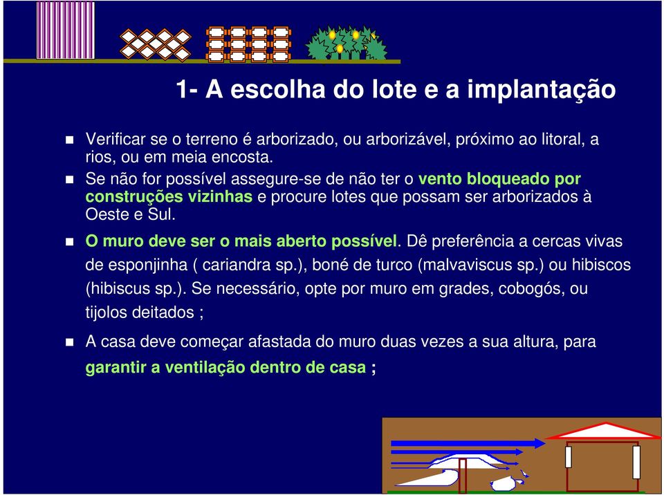 O muro deve ser o mais aberto possível. Dê preferência a cercas vivas de esponjinha ( cariandra sp.), boné de turco (malvaviscus sp.