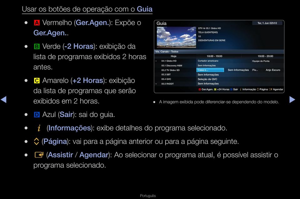 1 Globo HD Cortador americano Equipe de Ponta 05.1 Discovery H&M Sem Informações 05.2 TV Globo SD Casa e... Sem Informações Fiv.