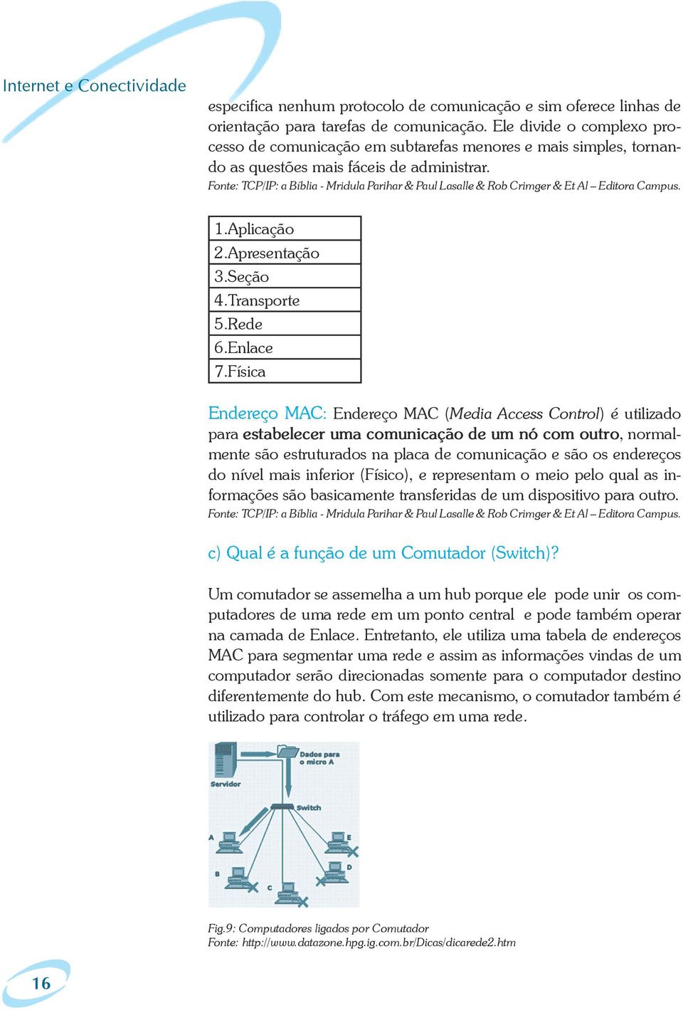 Fonte: TCP/IP: a Bíblia - Mridula Parihar & Paul Lasalle & Rob Crimger & Et Al Editora Campus. 1.Aplicação 2.Apresentação 3.Seção 4.Transporte 5.Rede 6.Enlace 7.