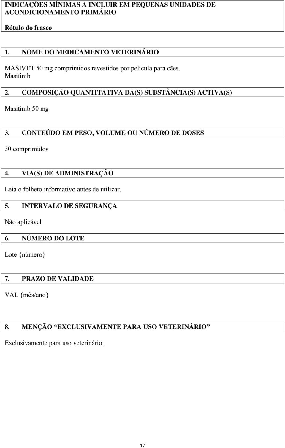 COMPOSIÇÃO QUANTITATIVA DA(S) SUBSTÂNCIA(S) ACTIVA(S) Masitinib 50 mg 3. CONTEÚDO EM PESO, VOLUME OU NÚMERO DE DOSES 30 comprimidos 4.