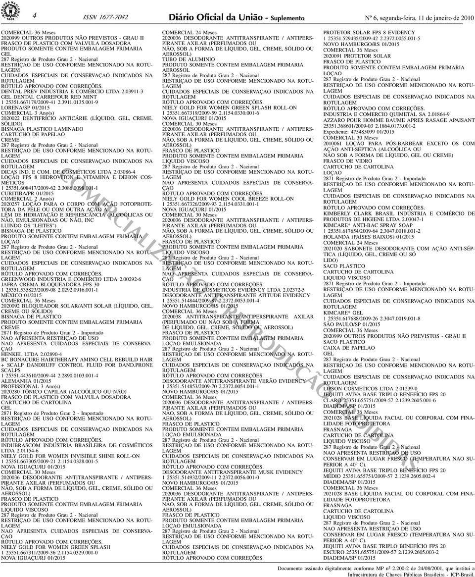 CARTUCHO DE PAPELAO ROTU DICAS IND E COM DE COSMÉTICOS LTDA 203086-4 LOÇÃO FPS 8 HIDROVITON E VITAMINA E DEHON COS- MÉTICOS 1 25351608417/2009-62 230860098001-1 CURITIBA/PR 01/2015 COMERCIAL 2 Ano(s)