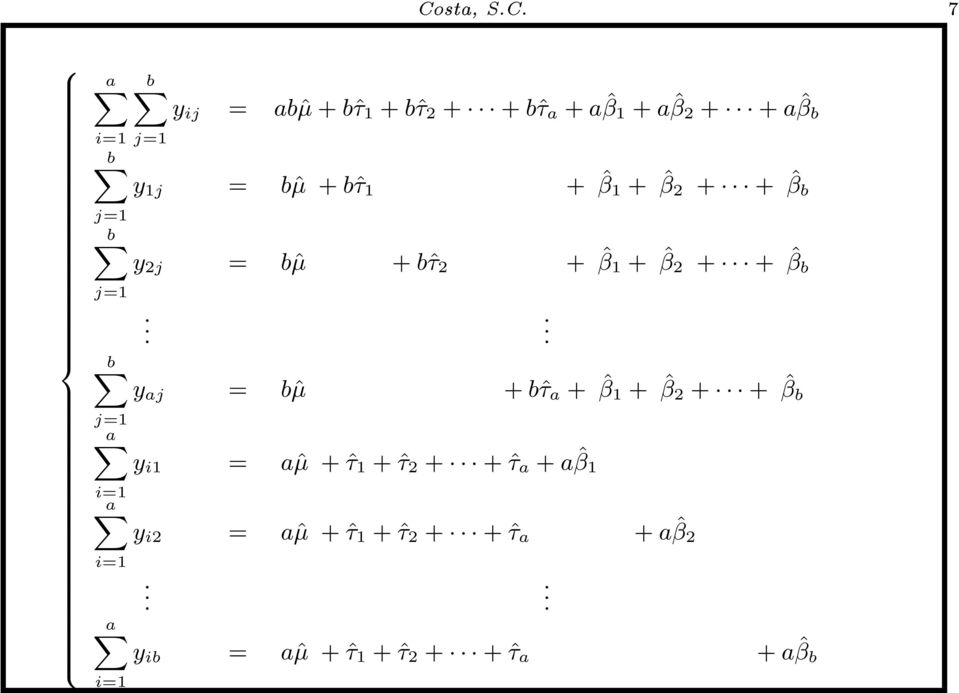 .. y aj = bˆµ + bˆτ a + ˆβ 1 + ˆβ 2 + + ˆβ b y i1 = aˆµ + ˆτ 1 + ˆτ 2 + + ˆτ a + a ˆβ