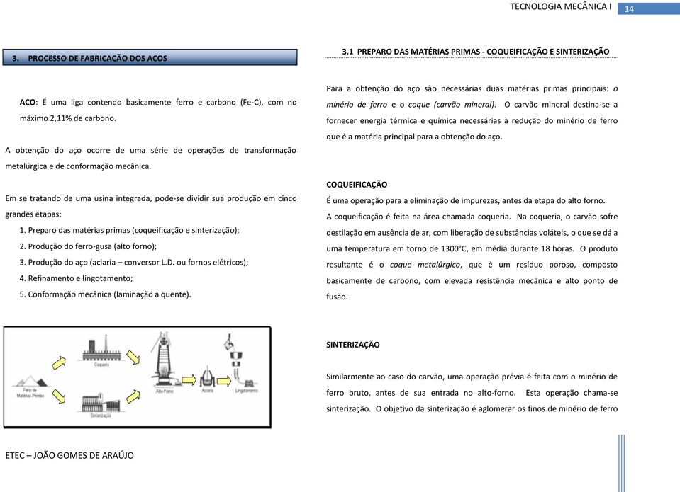 Em se tratando de uma usina integrada, pode-se dividir sua produção em cinco grandes etapas: 1. Preparo das matérias primas (coqueificação e sinterização); 2. Produção do ferro-gusa (alto forno); 3.