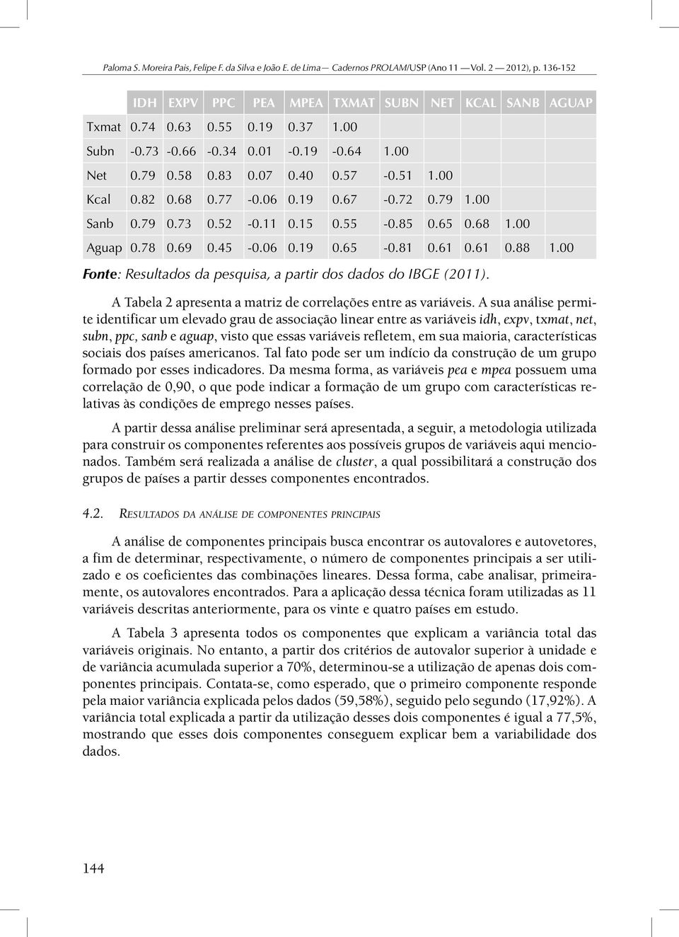 00 Fonte: Resultados da pesquisa, a partir dos dados do IBGE (2011). A Tabela 2 apresenta a matriz de correlações entre as variáveis.