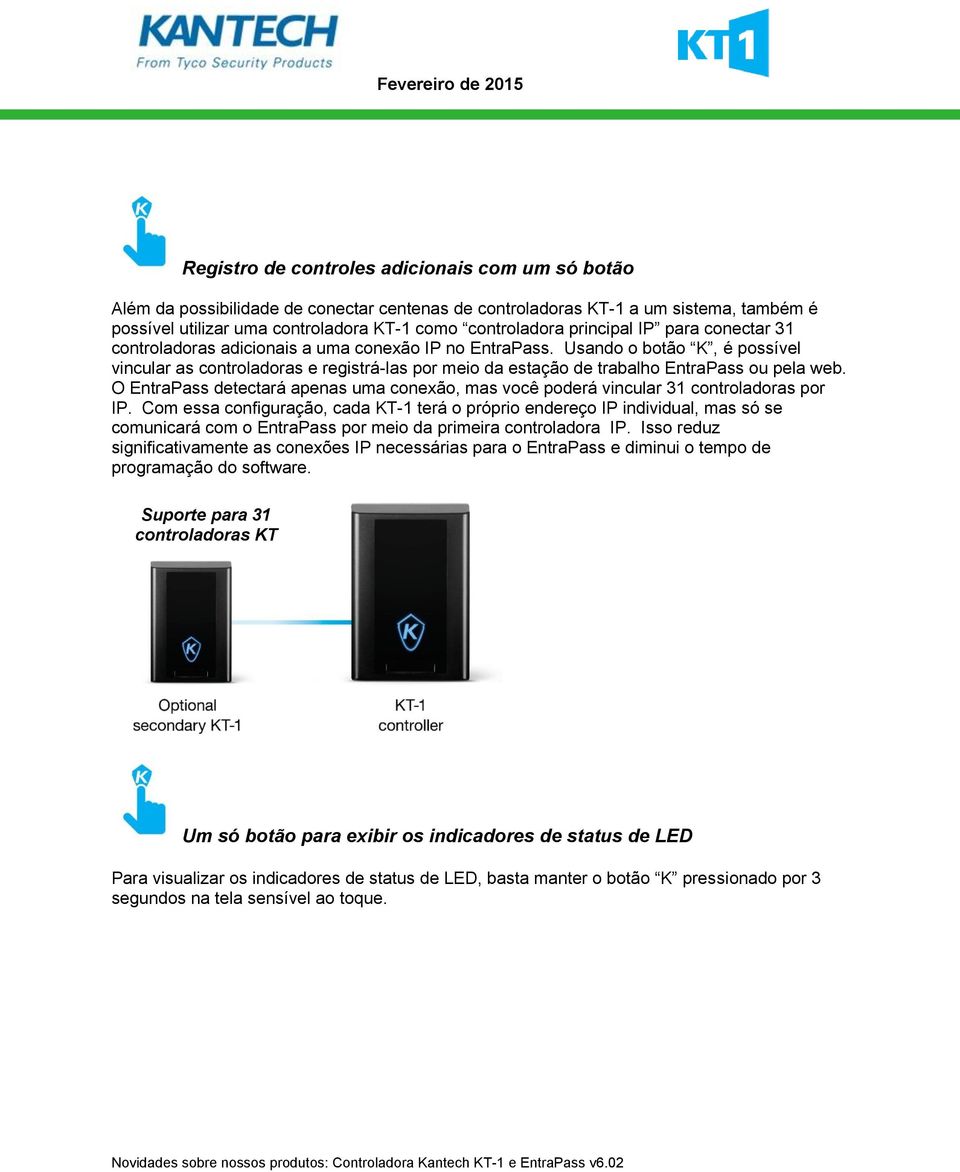 Usando o botão K, é possível vincular as controladoras e registrá-las por meio da estação de trabalho EntraPass ou pela web.