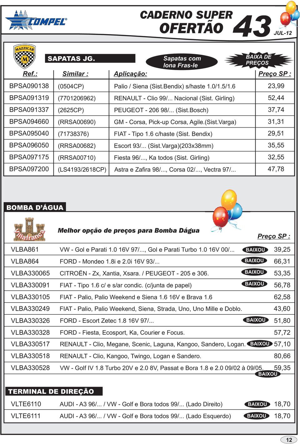 6 c/haste (Sist. Bendix) (RRSA00710) Escort 93/... (Sist.Varga)(203x38mm) Fiesta 96/..., Ka todos (Sist. Girling) (LS4193/2618CP) Astra e Zafira 98/..., Corsa 02/..., Vectra 97/.