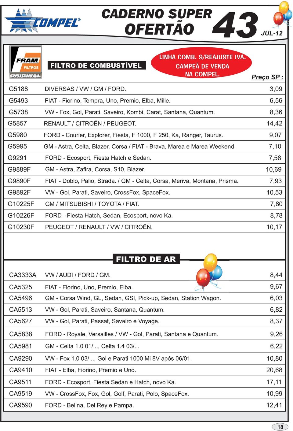 GM - Astra, Celta, Blazer, Corsa / FIAT - Brava, Marea e Marea Weekend. FORD - Ecosport, Fiesta Hatch e Sedan. GM - Astra, Zafira, Corsa, S10, Blazer. FIAT - Doblo, Palio, Strada.