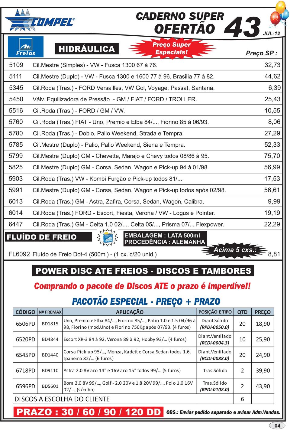 .., Fiorino 85 à 06/93. Cil.Roda (Tras.) - Doblo, Palio Weekend, Strada e Tempra. Cil.Mestre (Duplo) - Palio, Palio Weekend, Siena e Tempra. Cil.Mestre (Duplo) GM - Chevette, Marajo e Chevy todos 08/86 à 95.