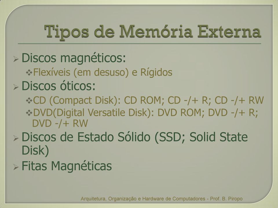 DVD(Digital Versatile Disk): DVD ROM; DVD -/+ R; DVD -/+ RW