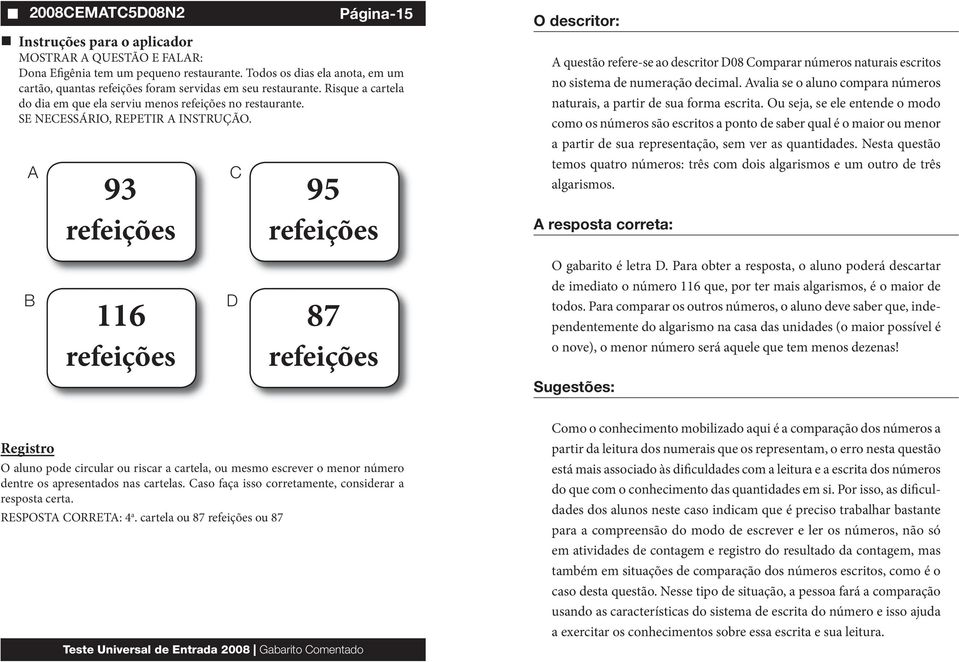 A 93 refeições C Página-15 95 refeições A questão refere-se ao descritor D08 Comparar números naturais escritos no sistema de numeração decimal.