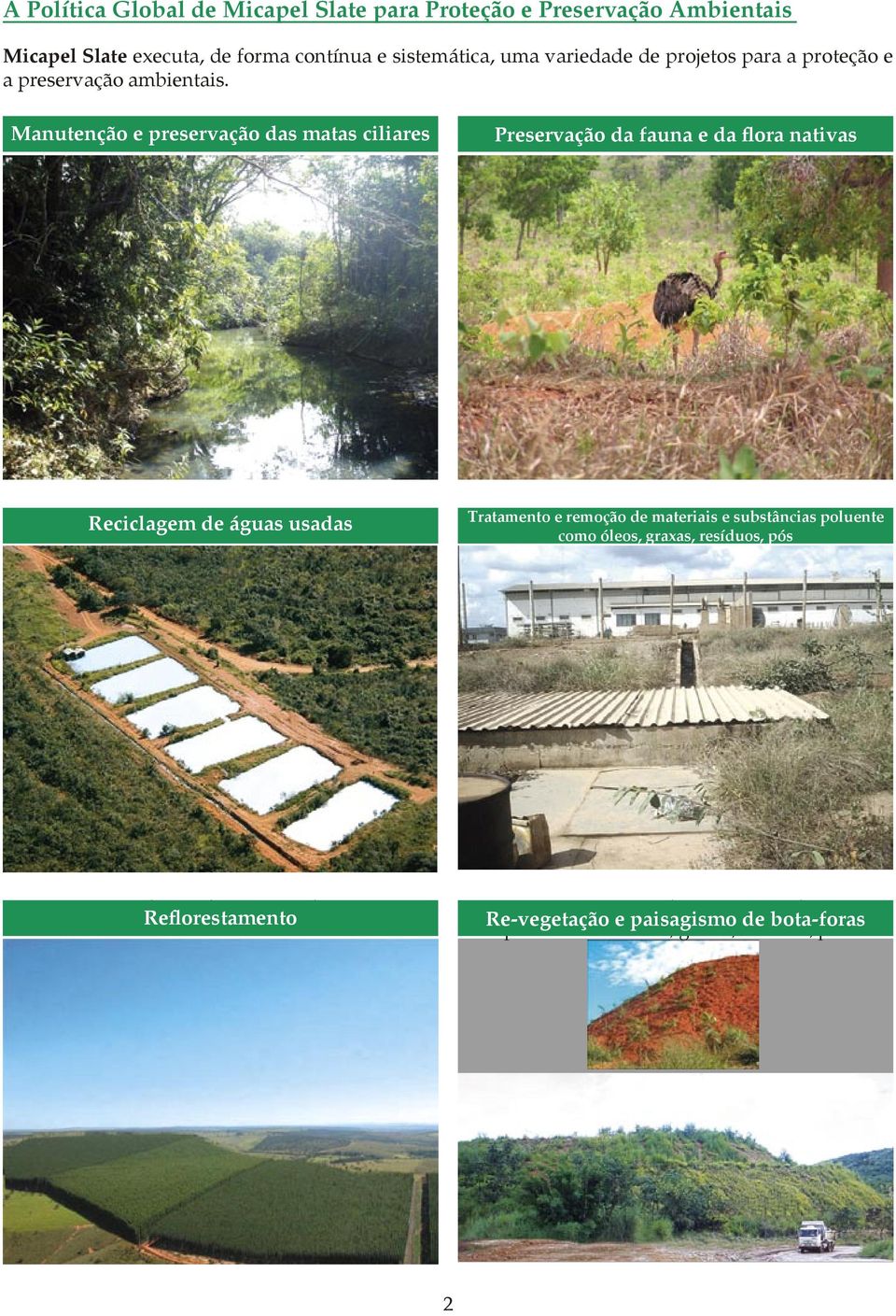 Manutenção e preservação das matas ciliares Preservação da fauna e da flora nativas Reciclagem de águas usadas Tratamento e remoção de materiais