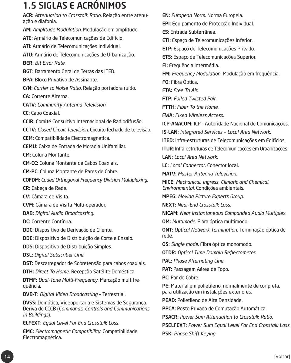 C/N: Carrier to Noise Ratio. Relação portadora ruído. CA: Corrente Alterna. CATV: Community Antenna Television. CC: Cabo Coaxial. CCIR: Comité Consultivo Internacional de Radiodifusão.