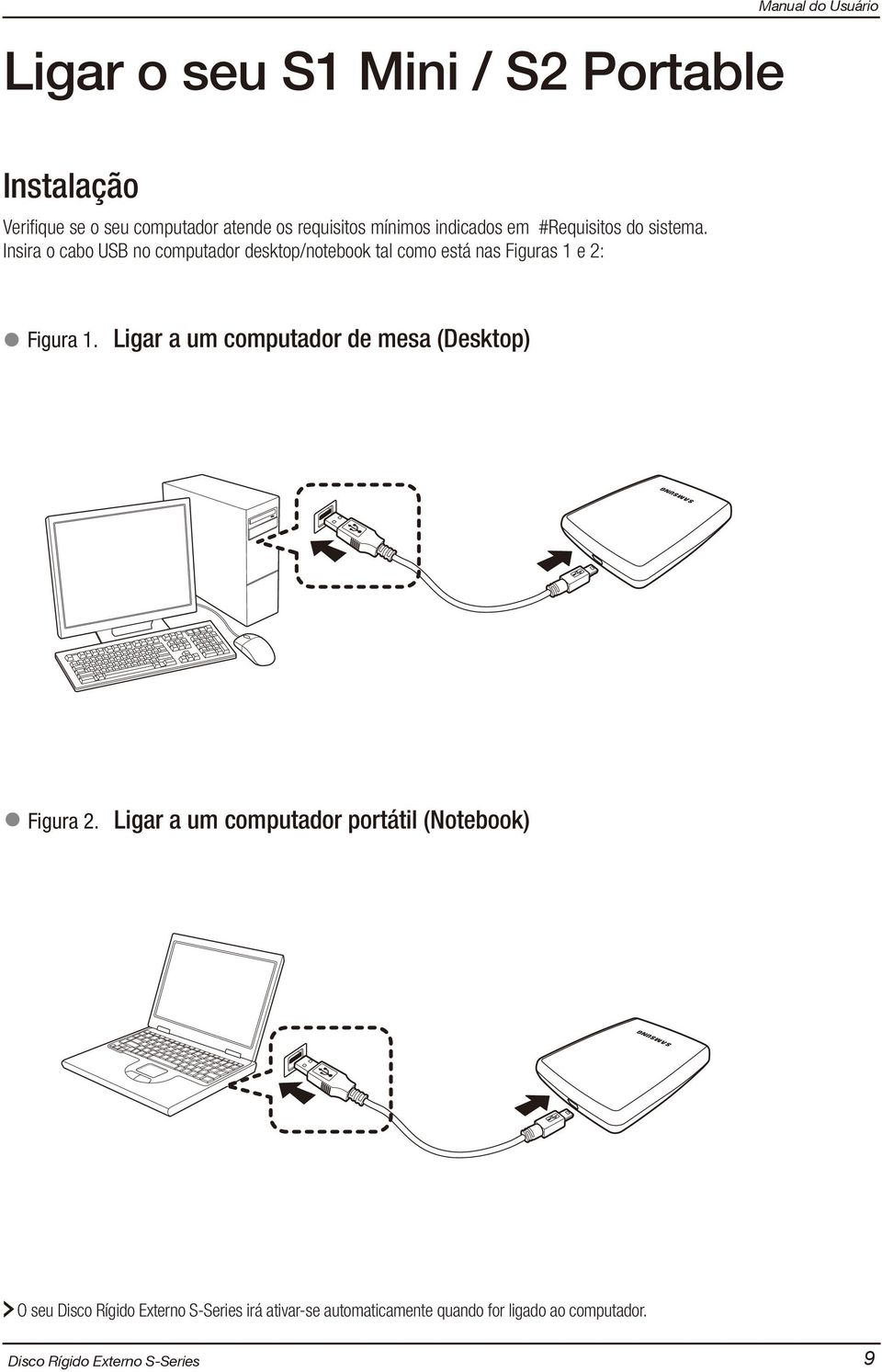 Insira o cabo USB no computador desktop/notebook tal como está nas Figuras 1 e 2: Figura 1.