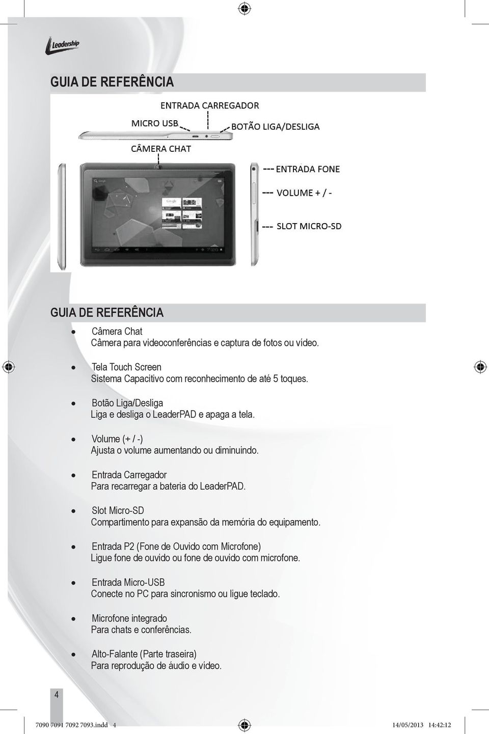 Slot Micro-SD Compartimento para expansão da memória do equipamento. Entrada P2 (Fone de Ouvido com Microfone) Ligue fone de ouvido ou fone de ouvido com microfone.