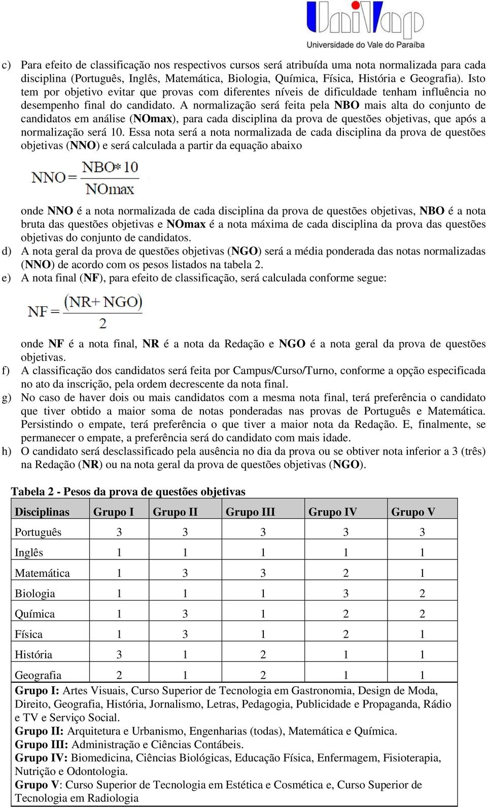 A normalização será feita pela NBO mais alta do conjunto de candidatos em análise (NOmax), para cada disciplina da prova de questões objetivas, que após a normalização será 10.