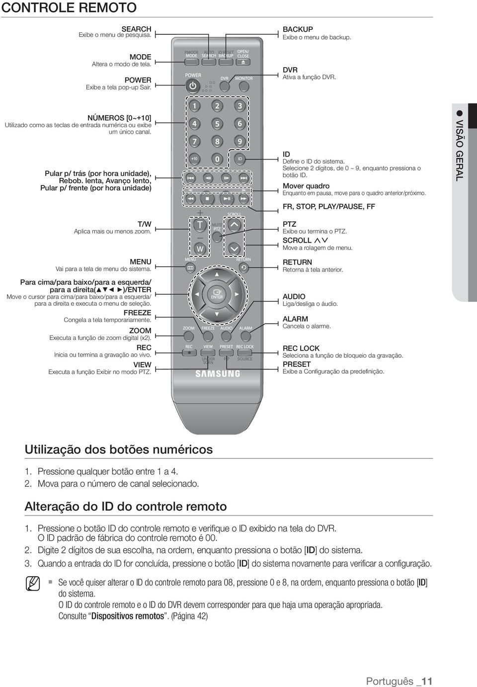 lenta, Avanço lento, Pular p/ frente (por hora unidade) ID Define o ID do sistema. Selecione 2 dígitos, de 0 ~ 9, enquanto pressiona o botão ID.