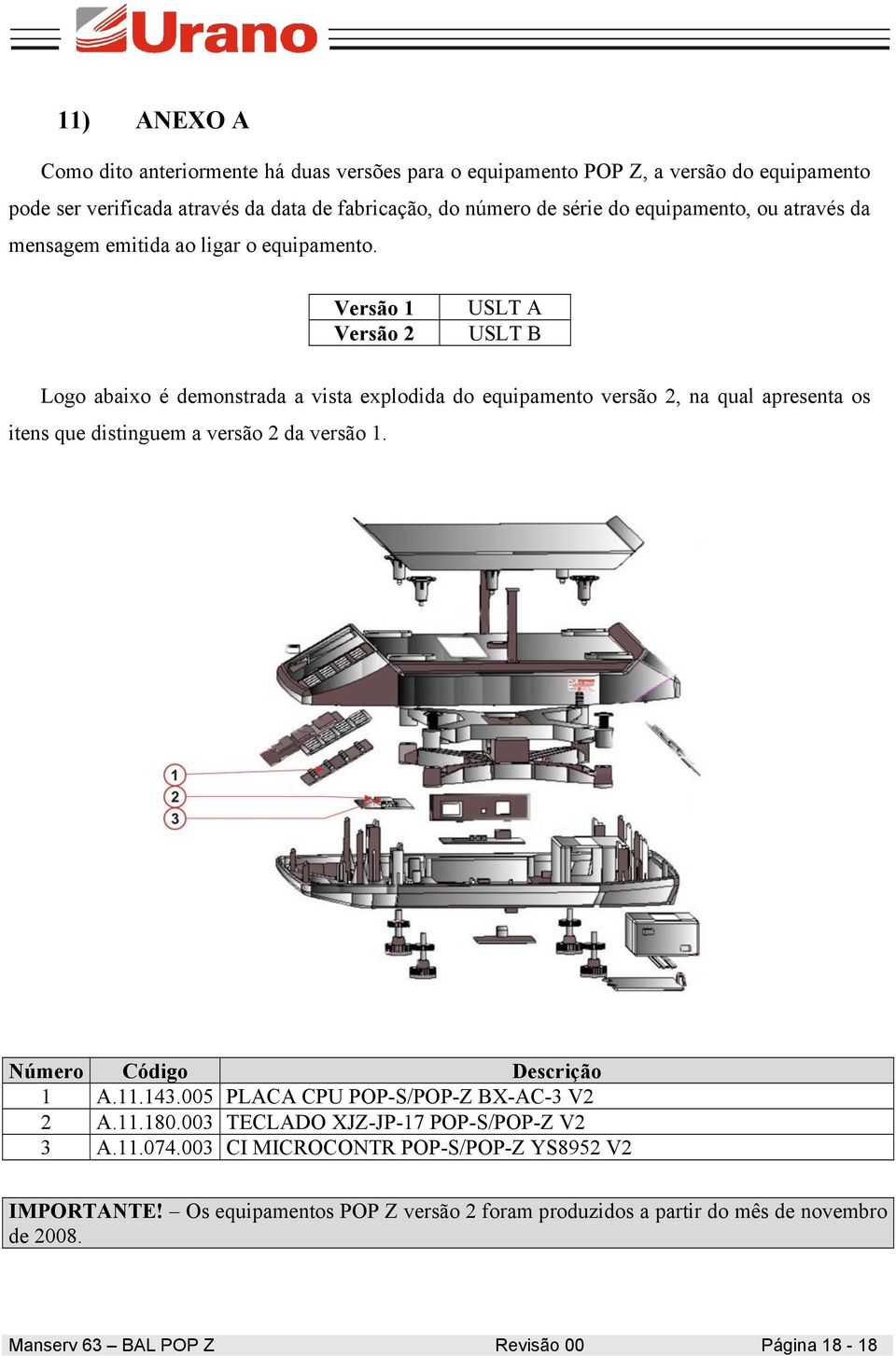 Versão 1 Versão 2 USLT A USLT B Logo abaixo é demonstrada a vista explodida do equipamento versão 2, na qual apresenta os itens que distinguem a versão 2 da versão 1.