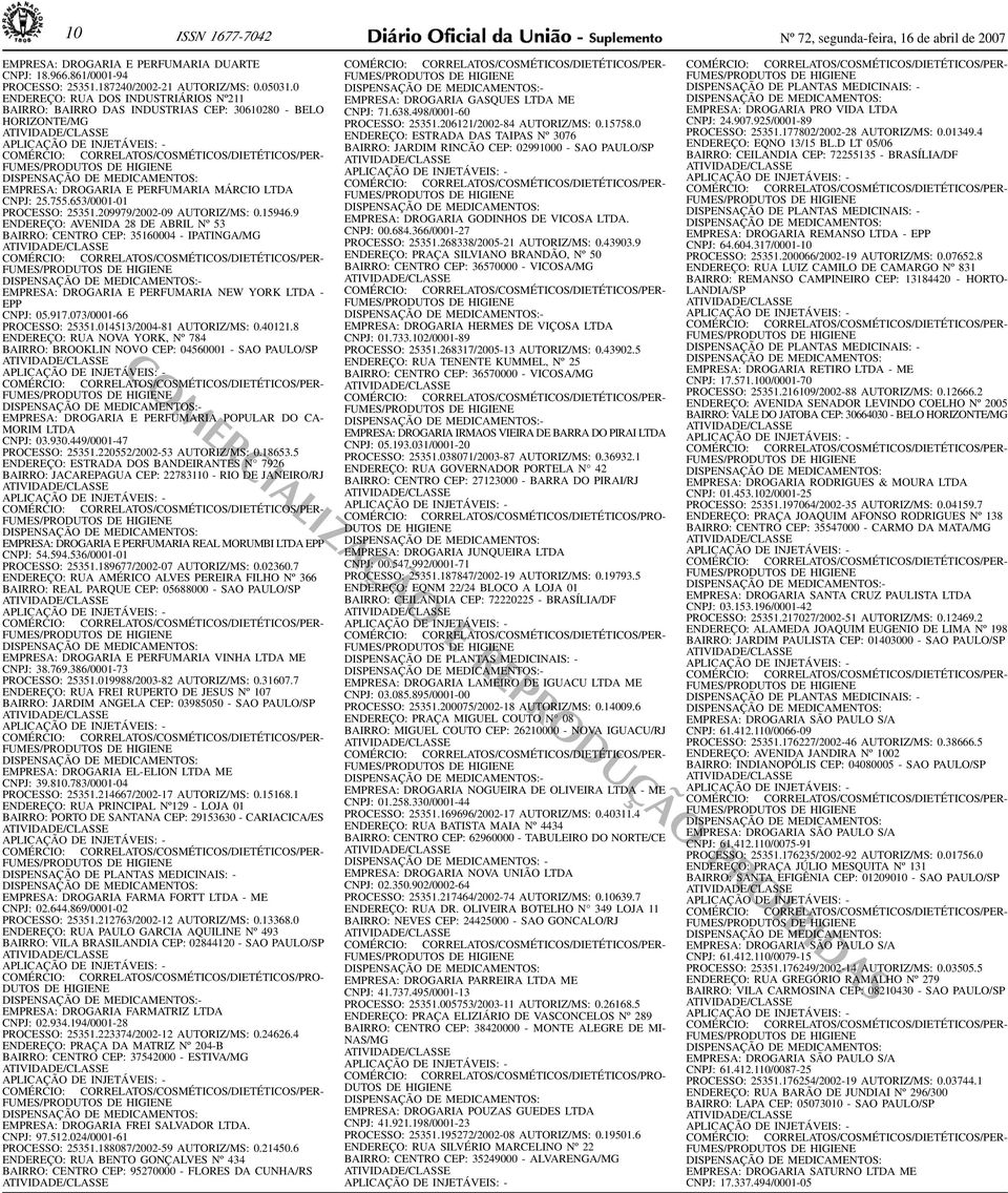 ENDEREÇO: AVENIDA 28 DE ABRIL Nº 53 BAIRRO: CENTRO CEP: 35160004 - IPATINGA/MG - EMPRESA: DROGARIA E PERFUMARIA NEW YORK LTDA - EPP CNPJ: 05917073/0001-66 PROCESSO: 25351014513/2004-81 AUTORIZ/MS: