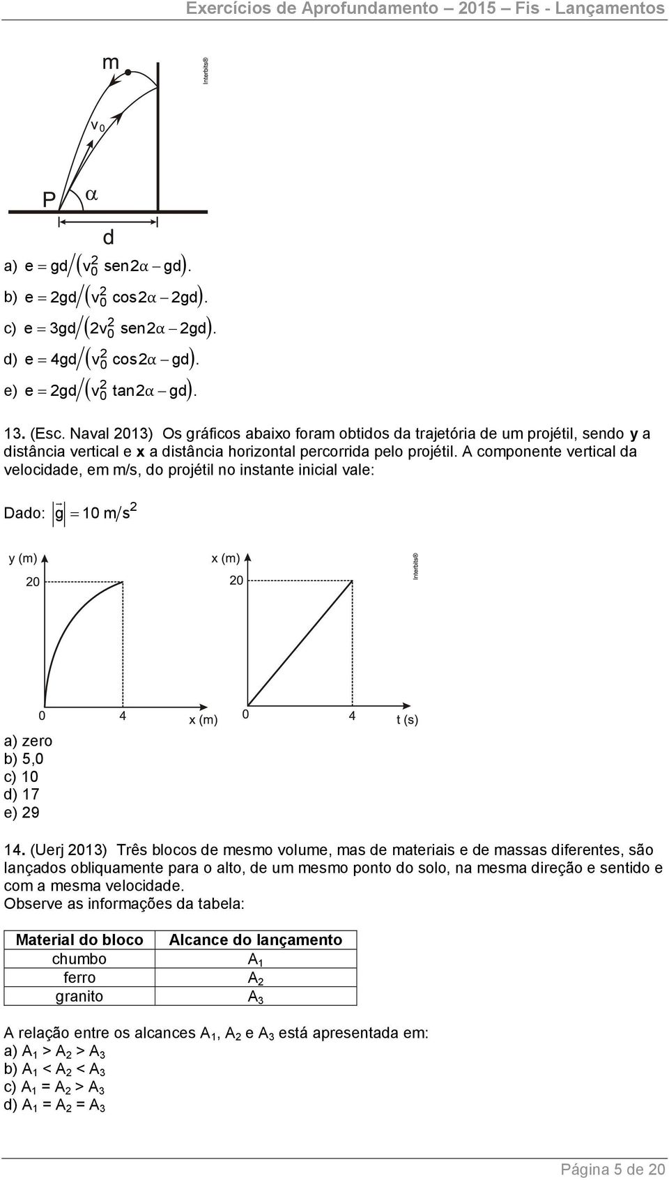 A componente vertical da velocidade, em m/s, do projétil no instante inicial vale: Dado: g 1 m s a) zero b) 5, c) 1 d) 17 e) 9 14.